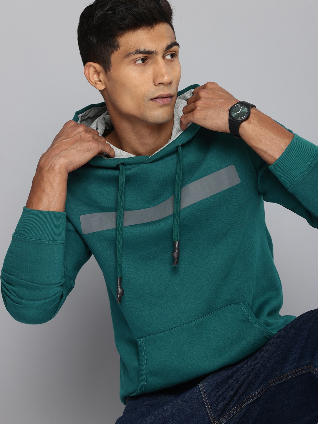 

Flying Machine Brand Logo Detailed Hooded Sweatshirt, Teal