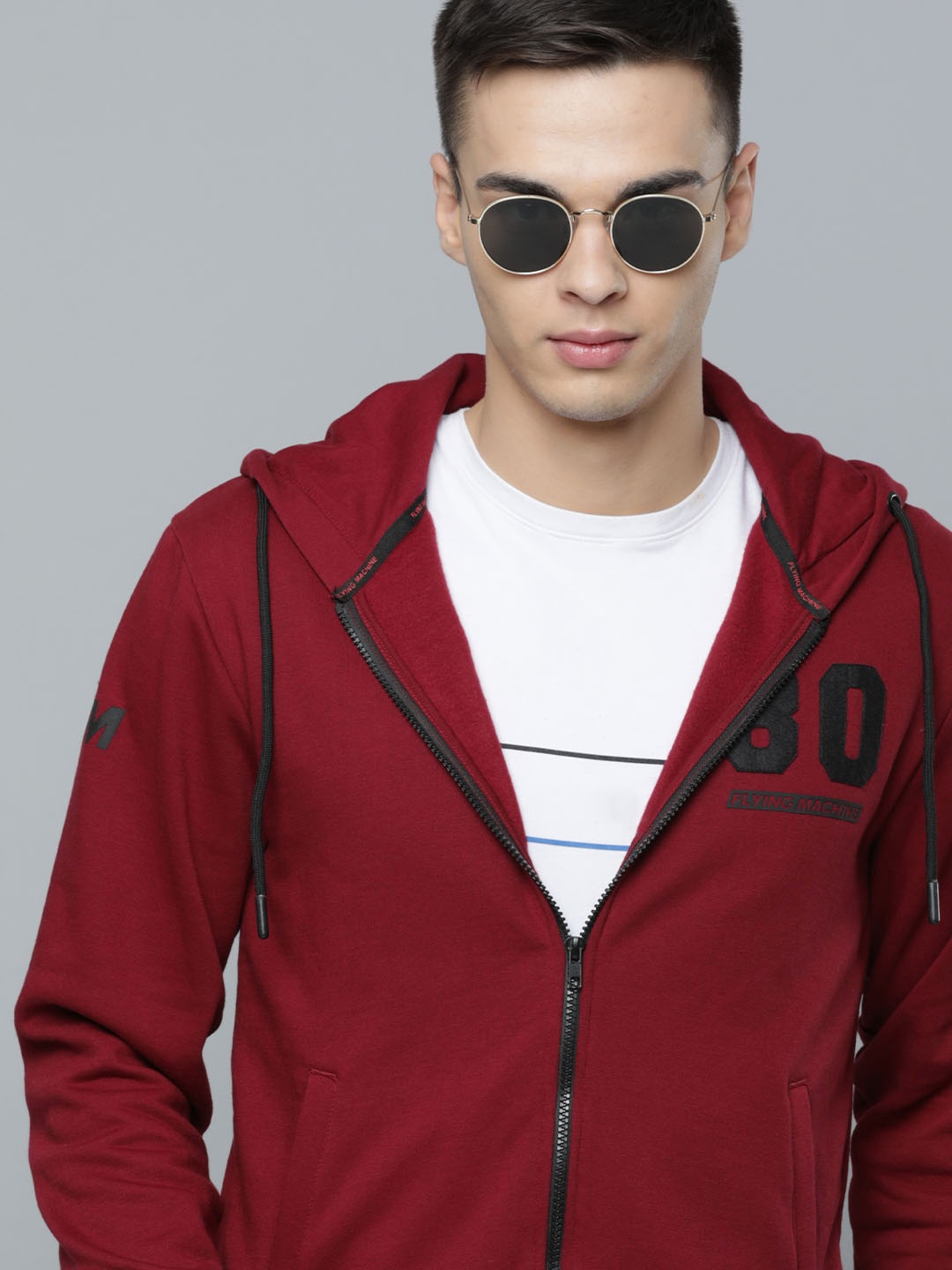 

Flying Machine Men Red Solid Hooded Front-open Sweatshirt With Applique Detail