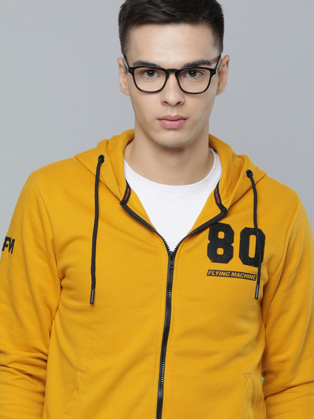 

Flying Machine Men Yellow Solid Hooded Front-open Sweatshirt With Applique Detail