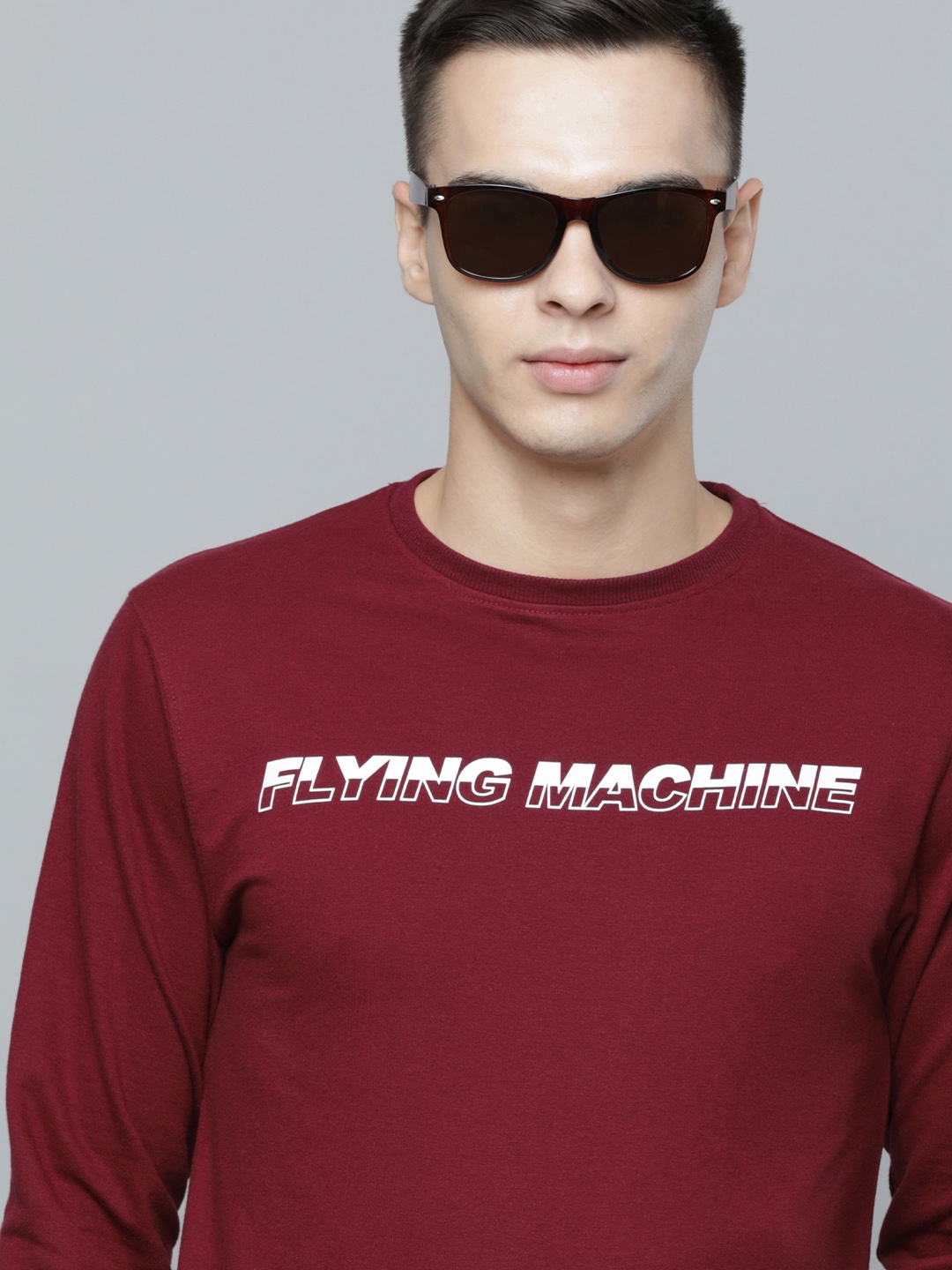 

Flying Machine Men Brand Logo Print Knitted Sweatshirt, Maroon