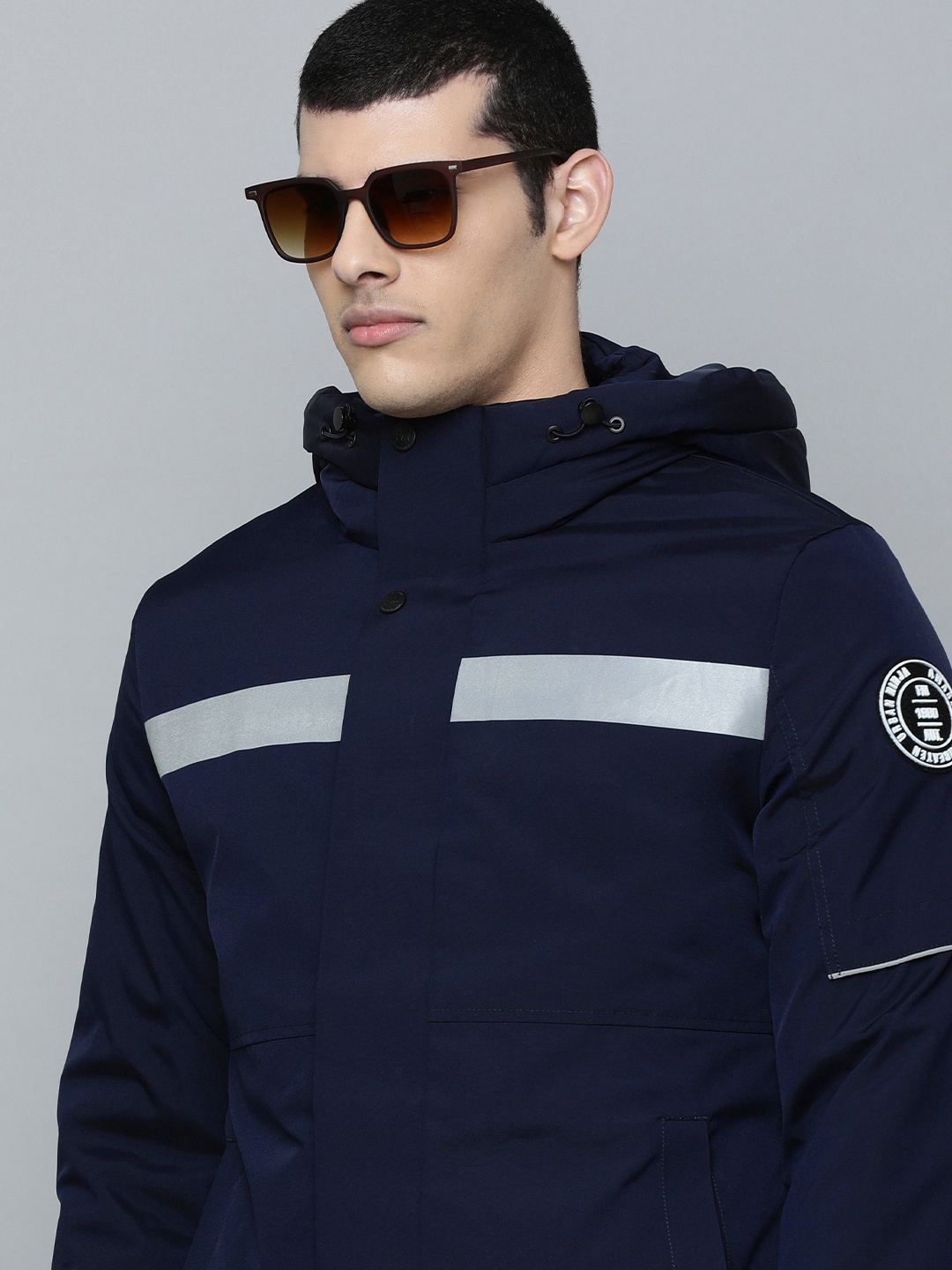 

Flying Machine Men Navy Blue Striped Hooded Puffer Jacket