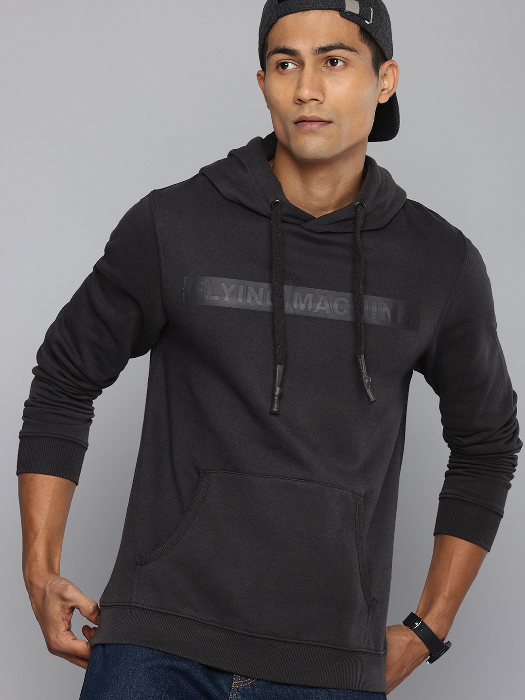 

Flying Machine Brand Logo Printed Hooded Sweatshirt, Black