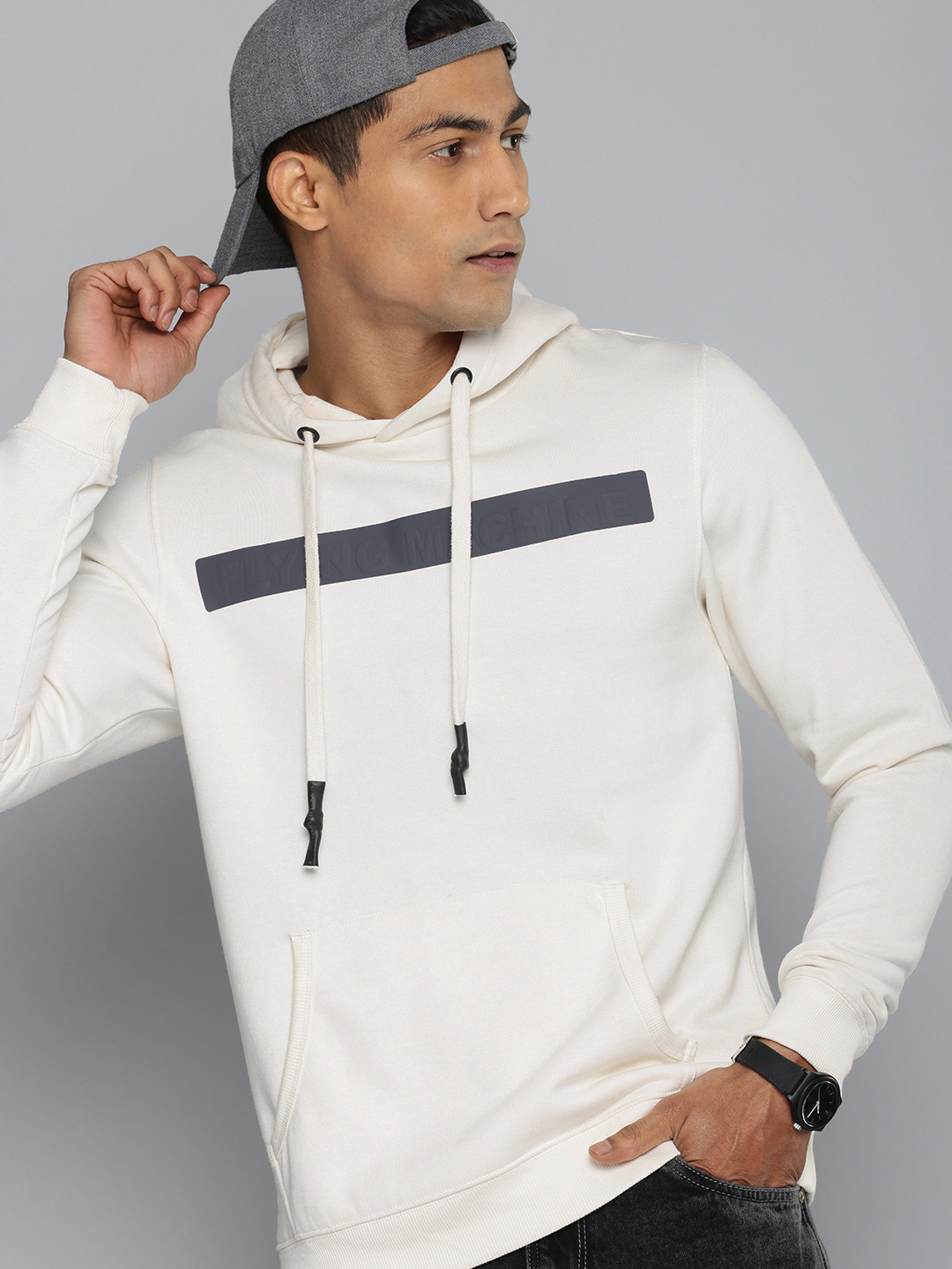 

Flying Machine Brand Logo Detailed Hooded Sweatshirt, Off white