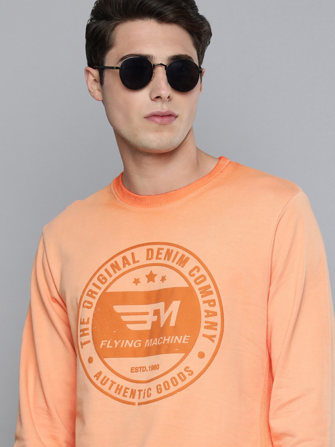 Flying Machine Men Orange Brand Logo Printed Pure Cotton Pullover Sweatshirt