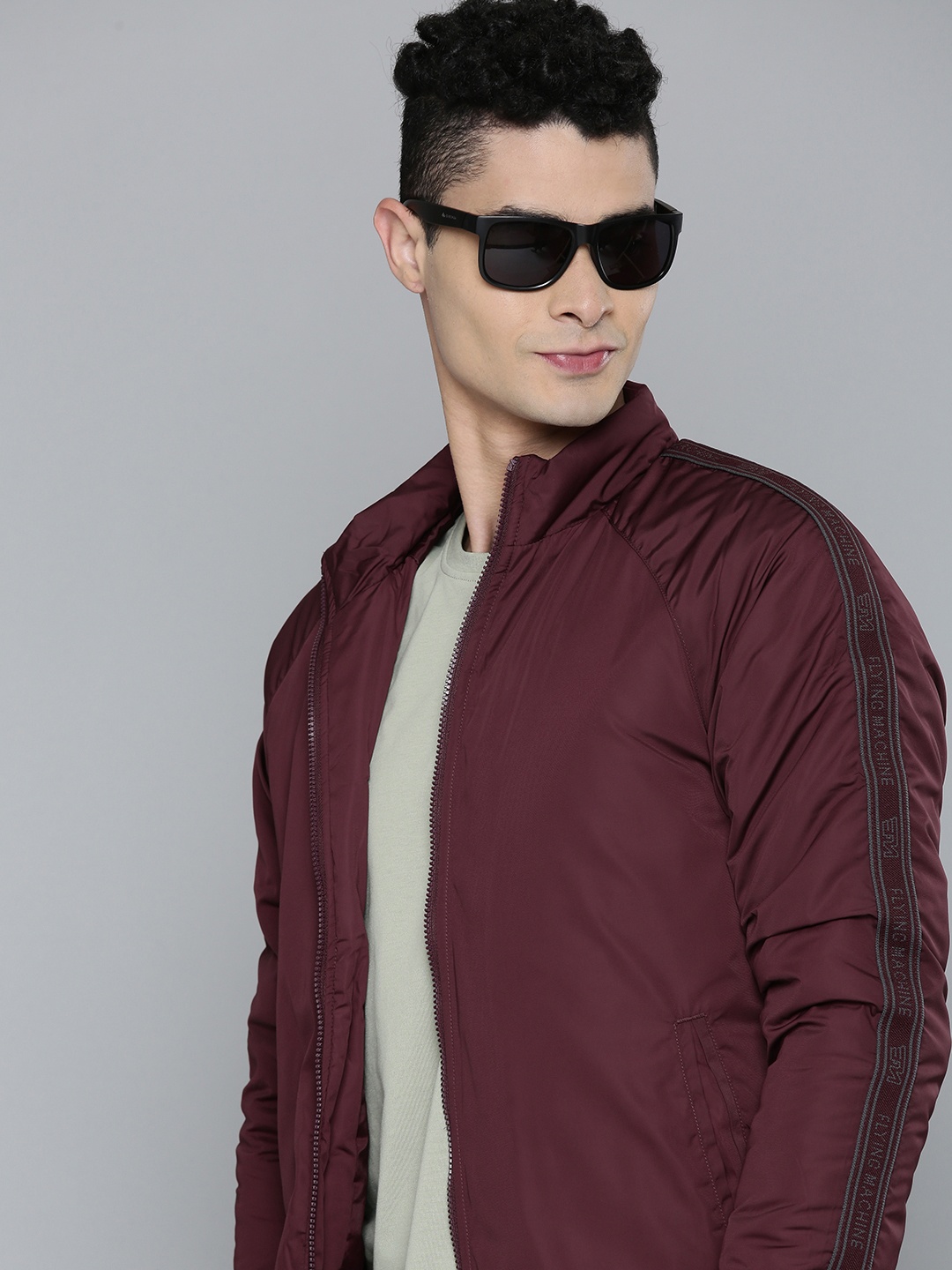 

Flying Machine Men Maroon Back Brand Logo Self Design Insulator Bomber Jacket