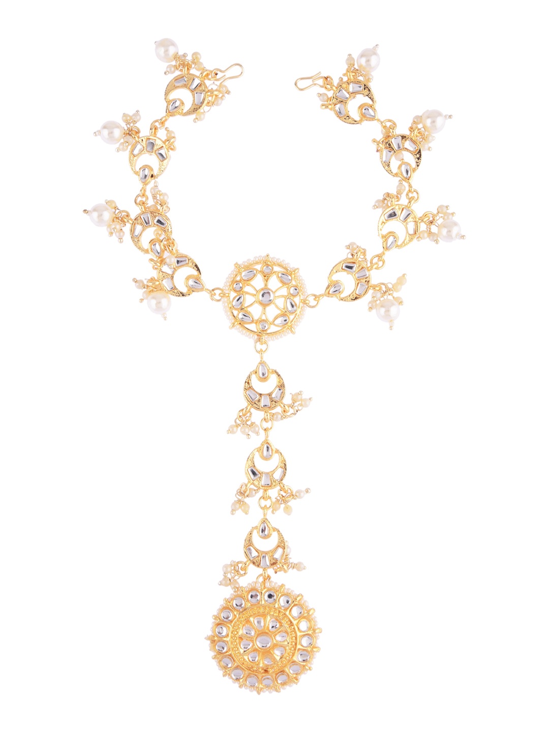 

FEMMIBELLA Gold-Plated Pearls & Kundan Studded Sheesphool Mathapatti Head Jewellery