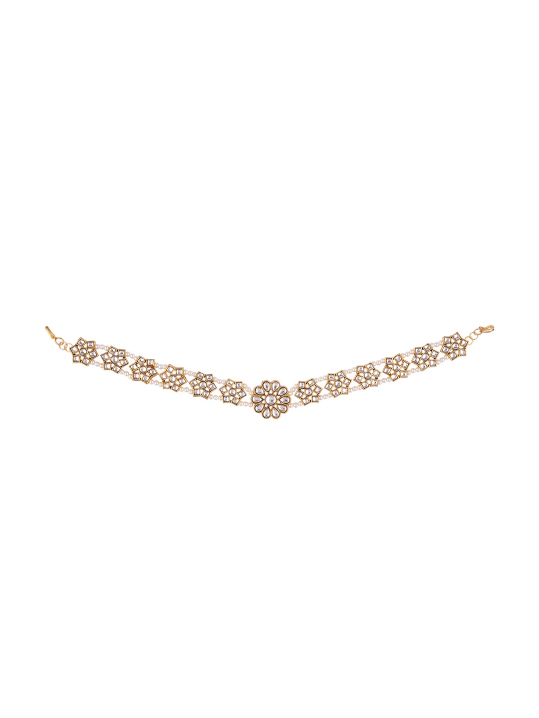 

FEMMIBELLA Gold-Plated Pearls & Kundan Studded Sheesphool Mathapatti Head Jewellery