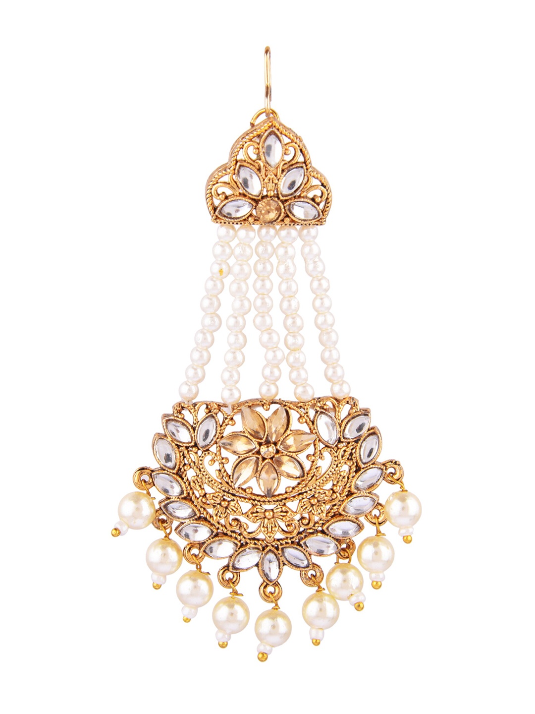 

FEMMIBELLA Gold-Plated White Pearl & Kundan-Studded Maang Tikka