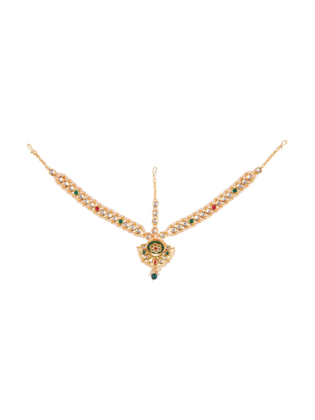 

FEMMIBELLA Gold-Plated Red & White Kundan Studded & Pearl Beaded Sheeshphool Mathapatti Maang Tikka
