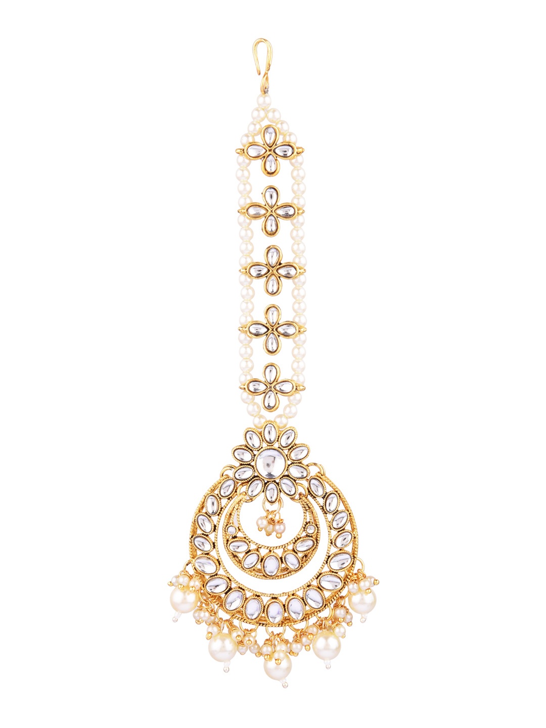 

FEMMIBELLA 24K Gold-Plated White Chandbali Kundan Studded & Pearl Beaded Borla Maang Tikka