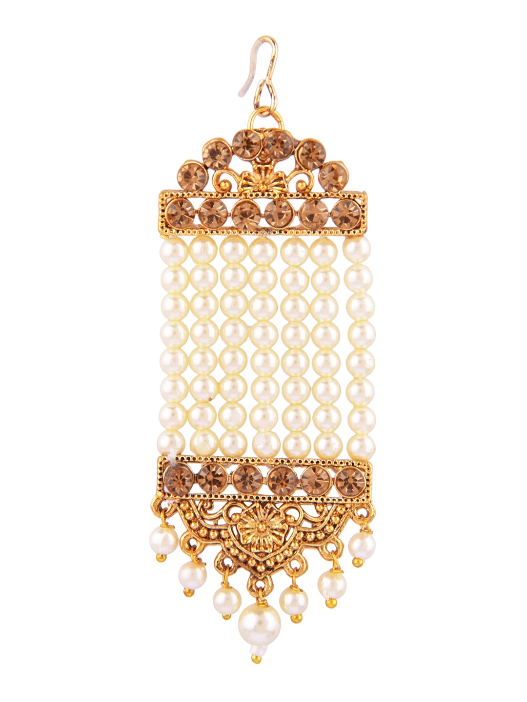 

FEMMIBELLA Gold-Plated White Stone-Studded & Pearl Beaded Passa Maang Tikka