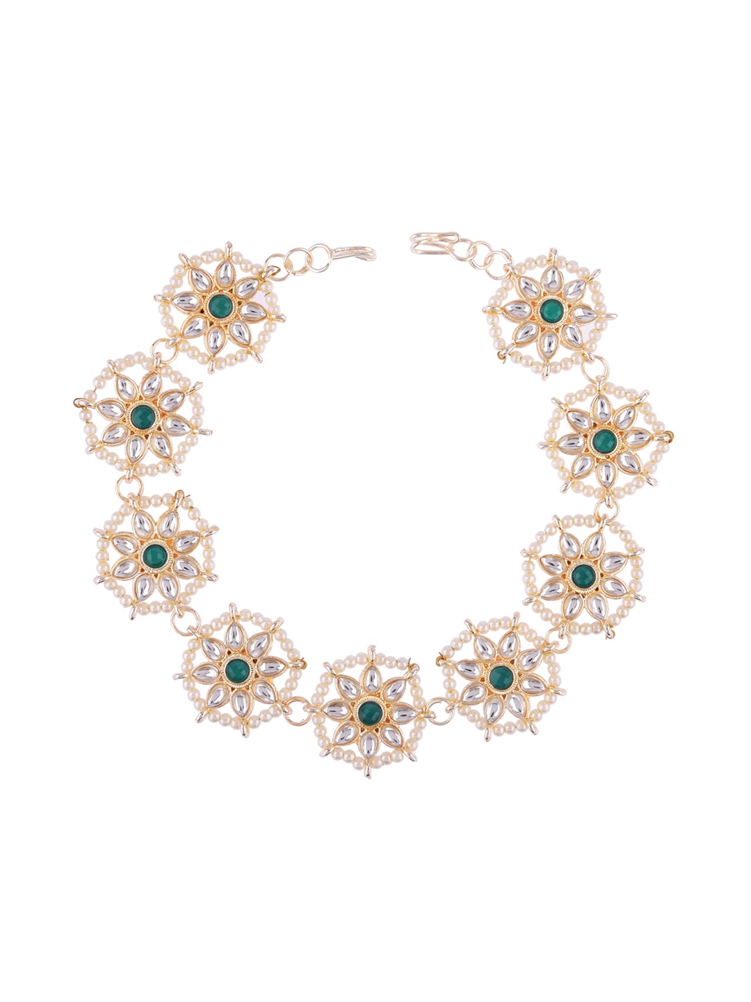 

FEMMIBELLA Gold-Plated Green Kundan & Pearl Studded Sheeshphool Mathapatti