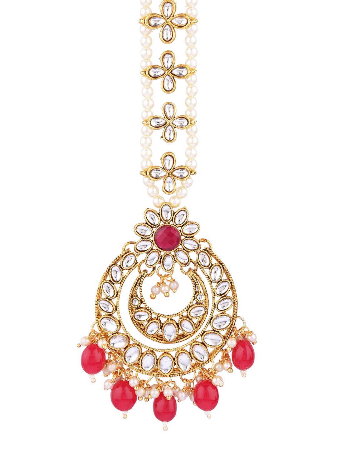 

FEMMIBELLA Gold-Plated Red & White Kundan & Pearl Meenakari Maang Tikka