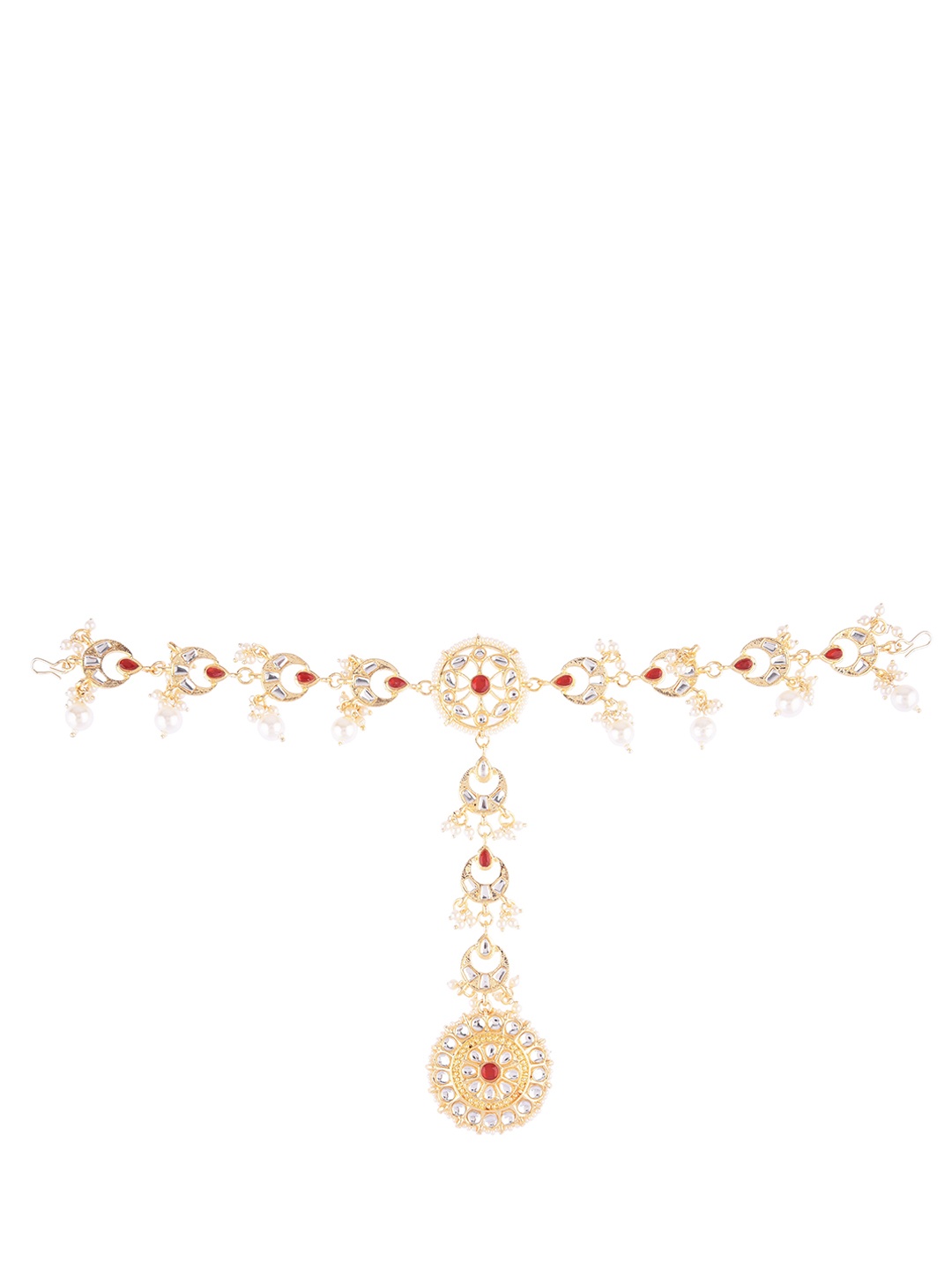 

FEMMIBELLA Gold-Plated Red Kundan & Pearl Studded Matha Patti