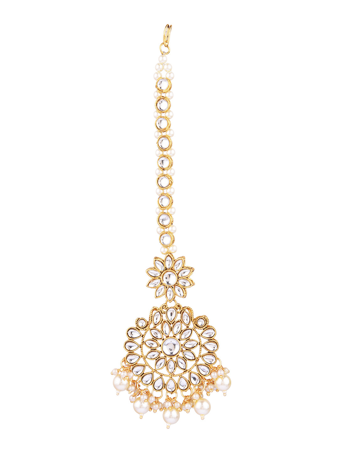 

FEMMIBELLA 24K Gold-Plated White Floral Kundan Studded & Pearl Beaded Borla Maang Tikka
