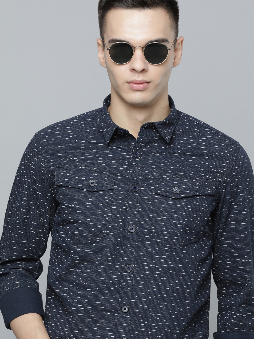 

Flying Machine Men Slim Fit Printed Pure Cotton Casual Shirt, Navy blue