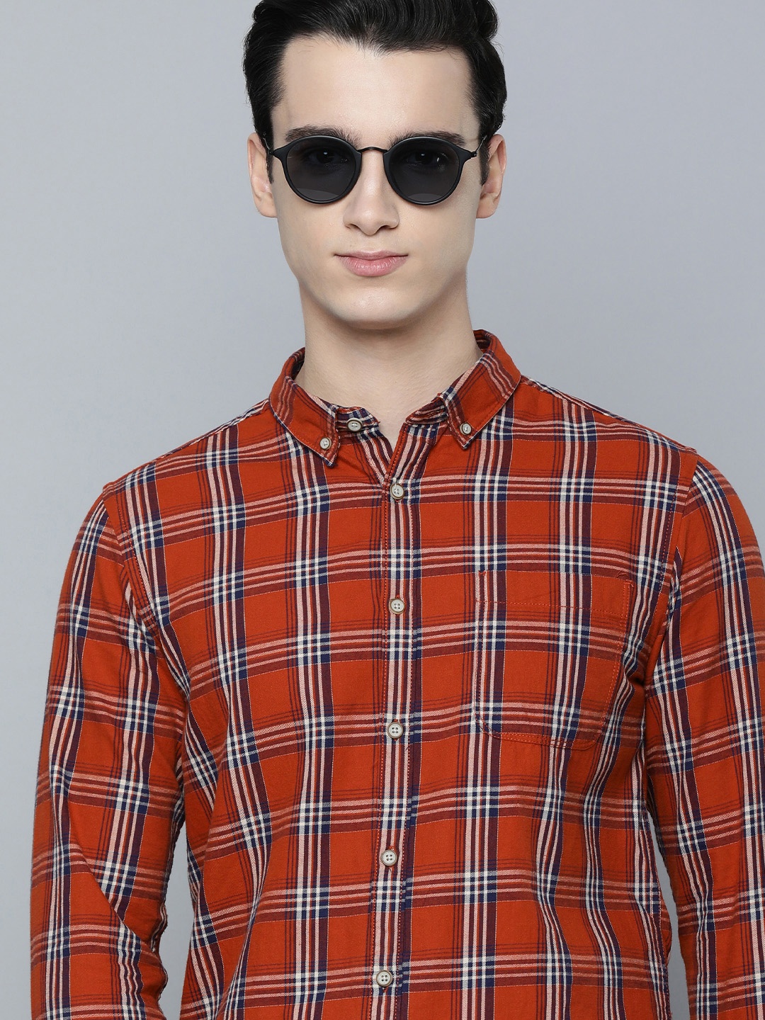 

Flying Machine Men Slim Fit Tartan Checks Opaque Pure Cotton Casual Shirt, Orange