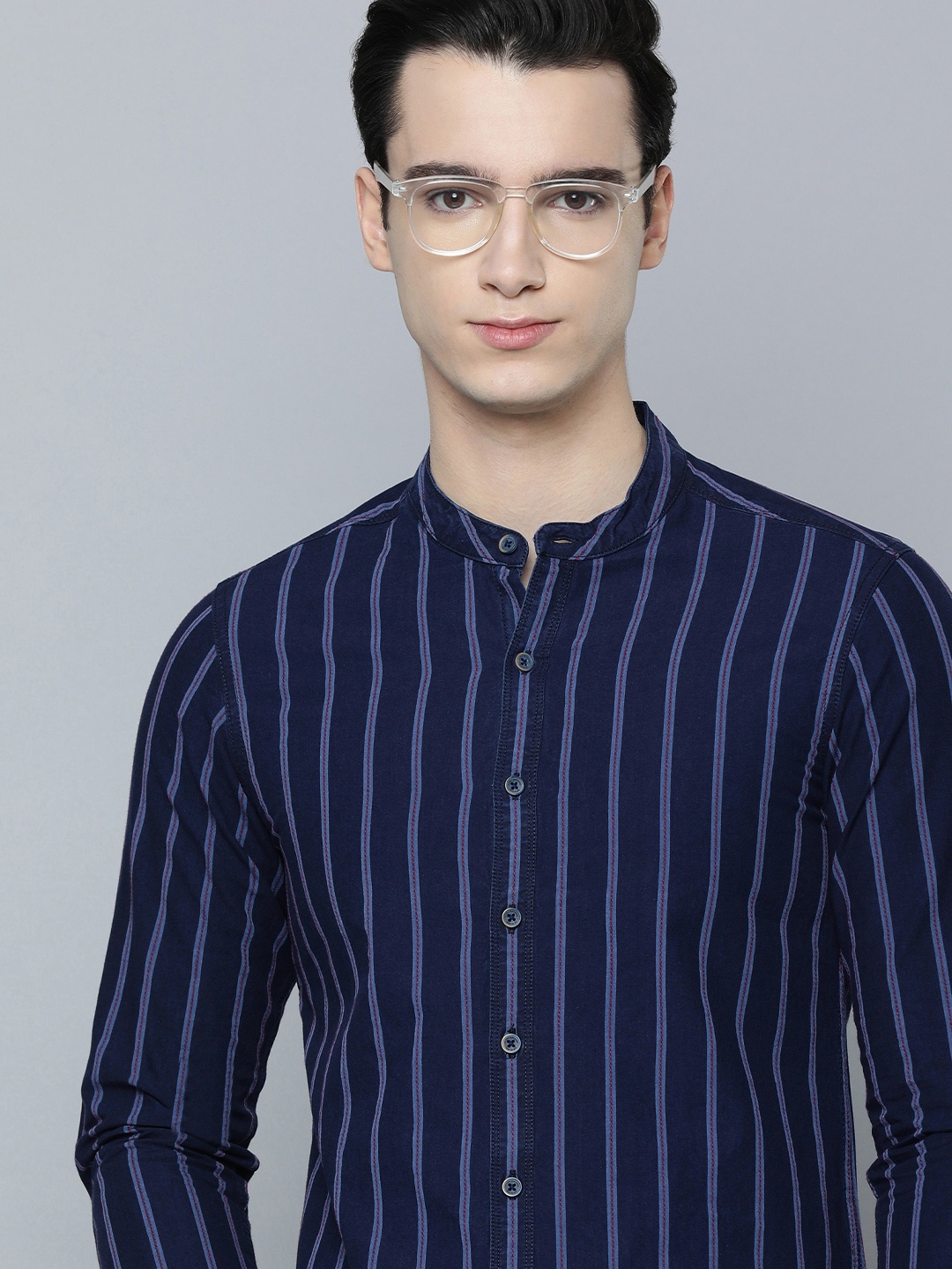 

Flying Machine Indigo Mandarin Collar Vertical Stripe Cotton Casual Shirt, Navy blue