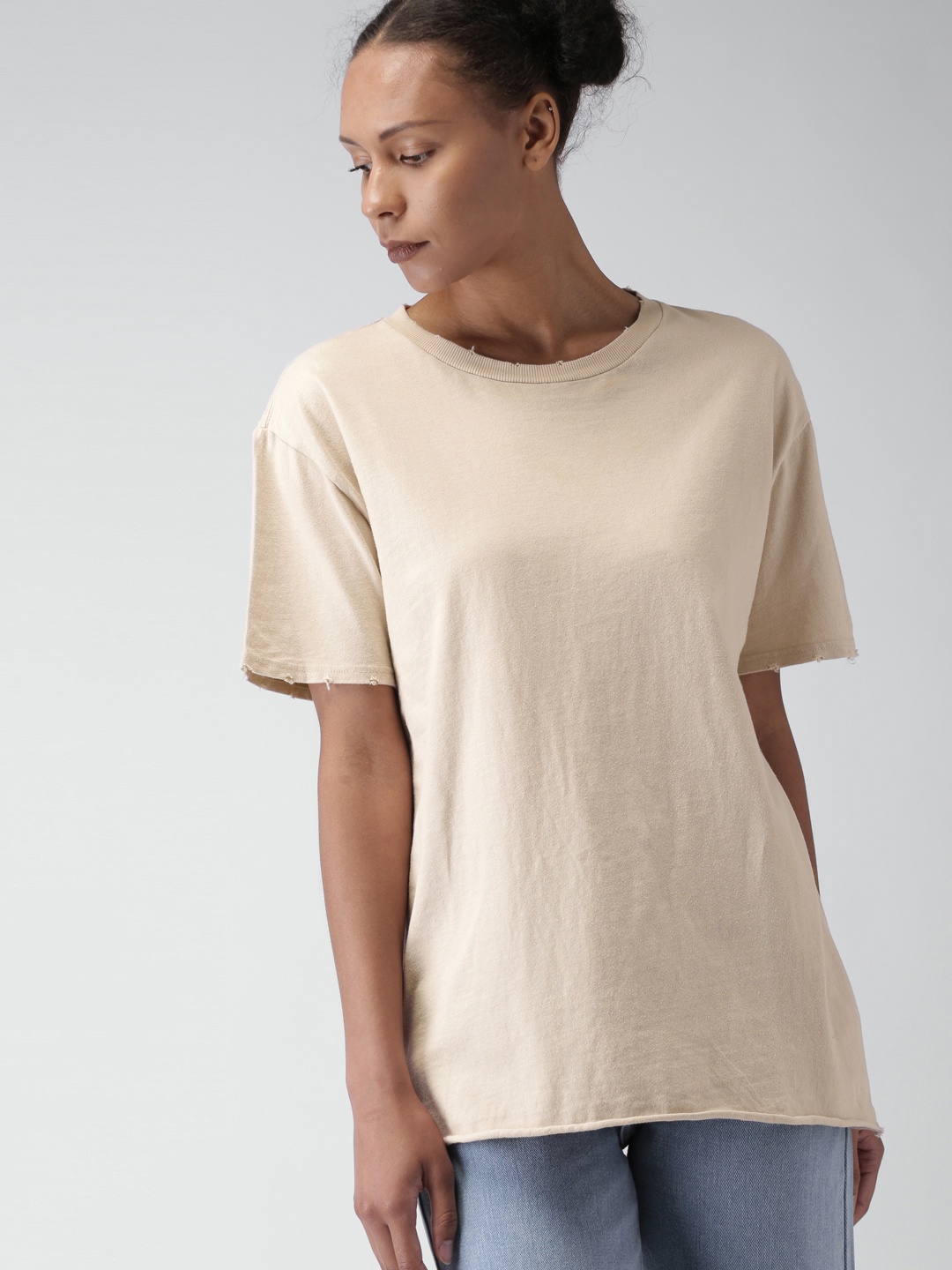 

FOREVER 21 Women Nude Solid Round Neck Pure Cotton T-shirt