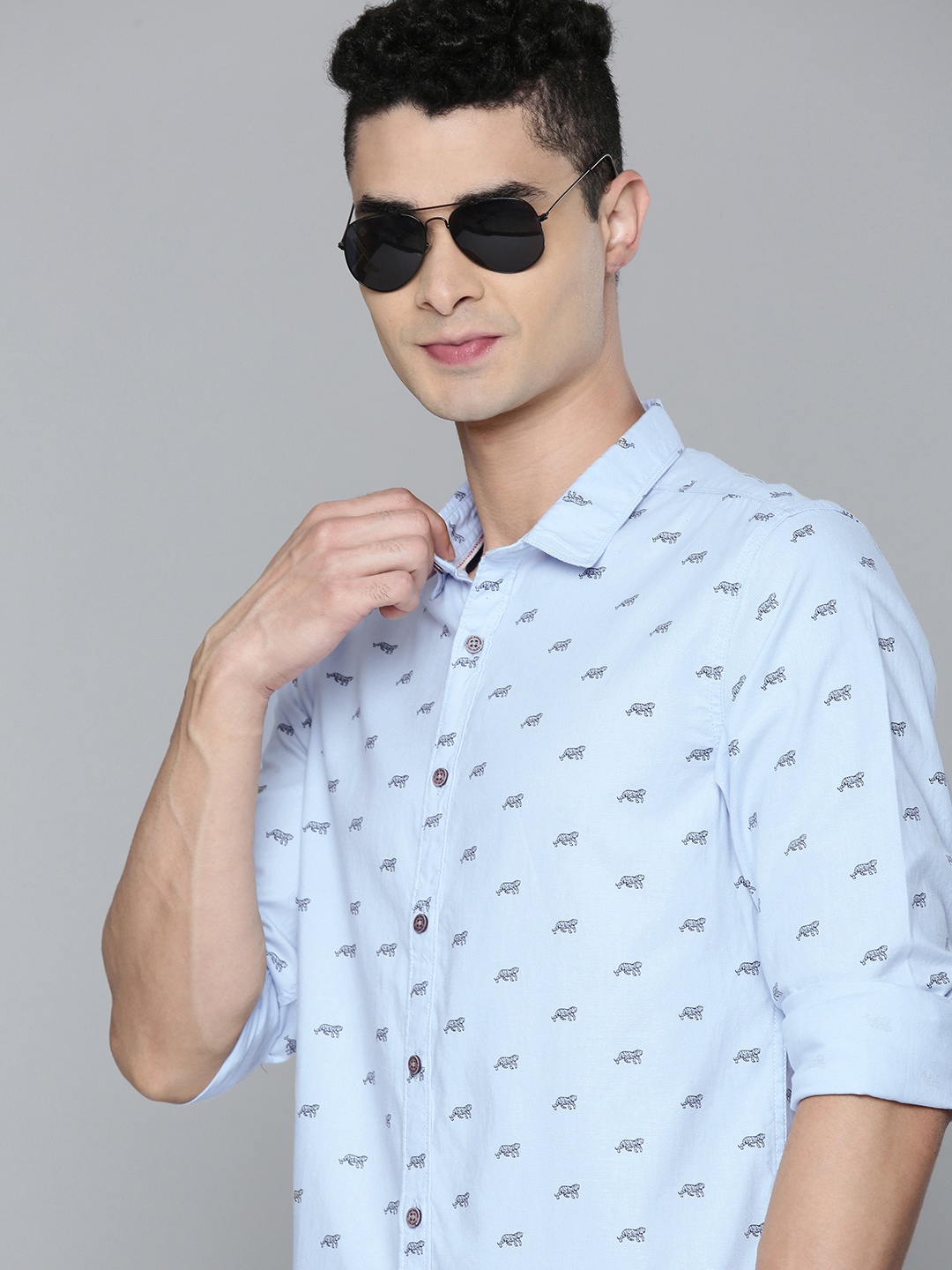 Flying Machine Men Blue Slim Fit Printed Pure Cotton Casual Shirt