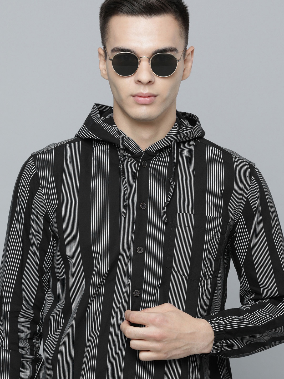 

Flying Machine Men Slim Fit Striped Pure Cotton Hooded Casual Shirt, Black