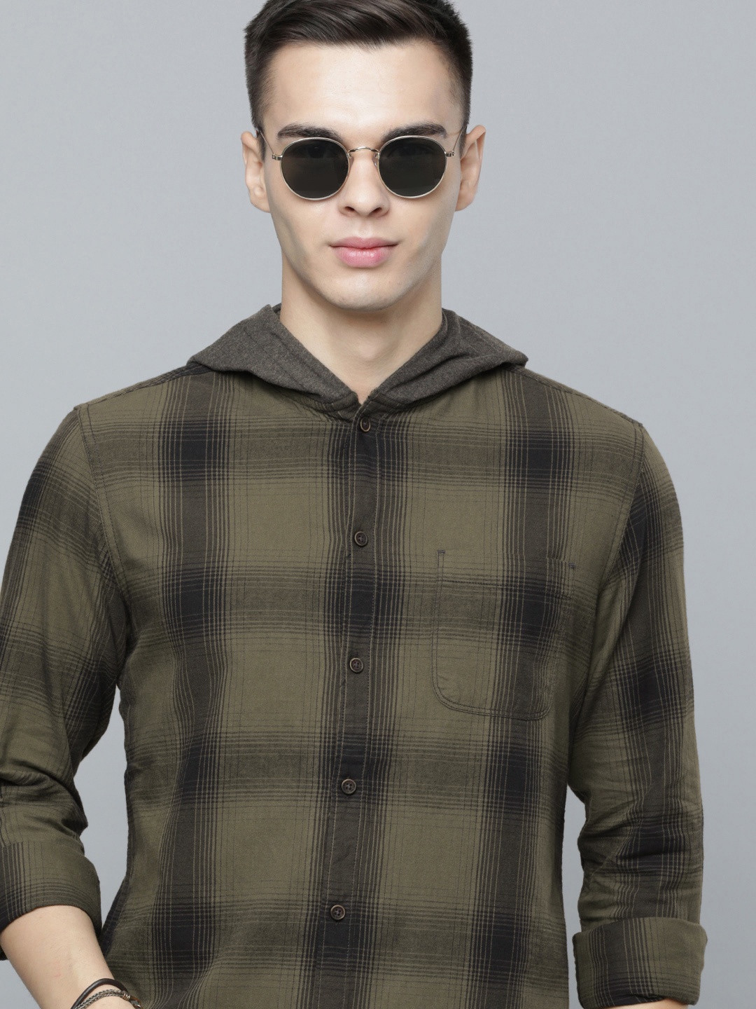 

Flying Machine Men Slim Fit Tartan Checked Hooded Pure cotton Casual Shirt, Olive