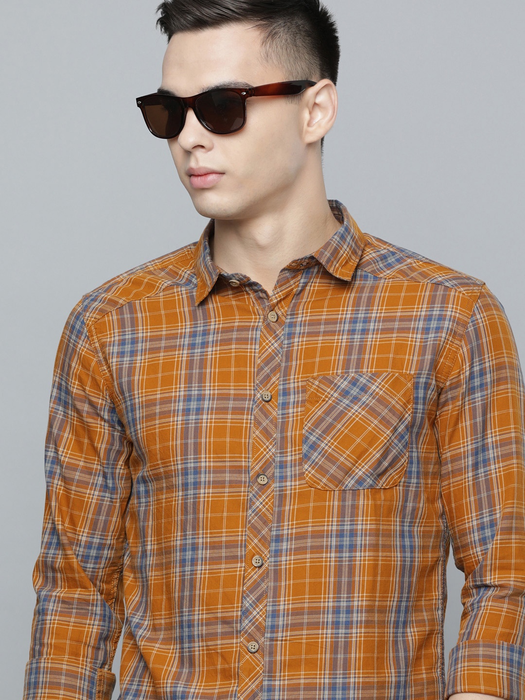 

Flying Machine Men Slim Fit Tartan Checked Pure Cotton Casual Shirt, Mustard