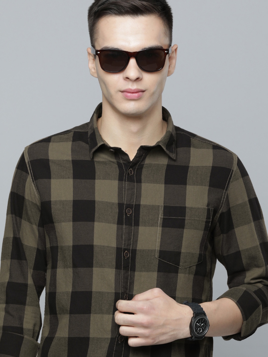 

Flying Machine Men Slim Fit Buffalo Checks Pure Cotton Casual Shirt, Olive