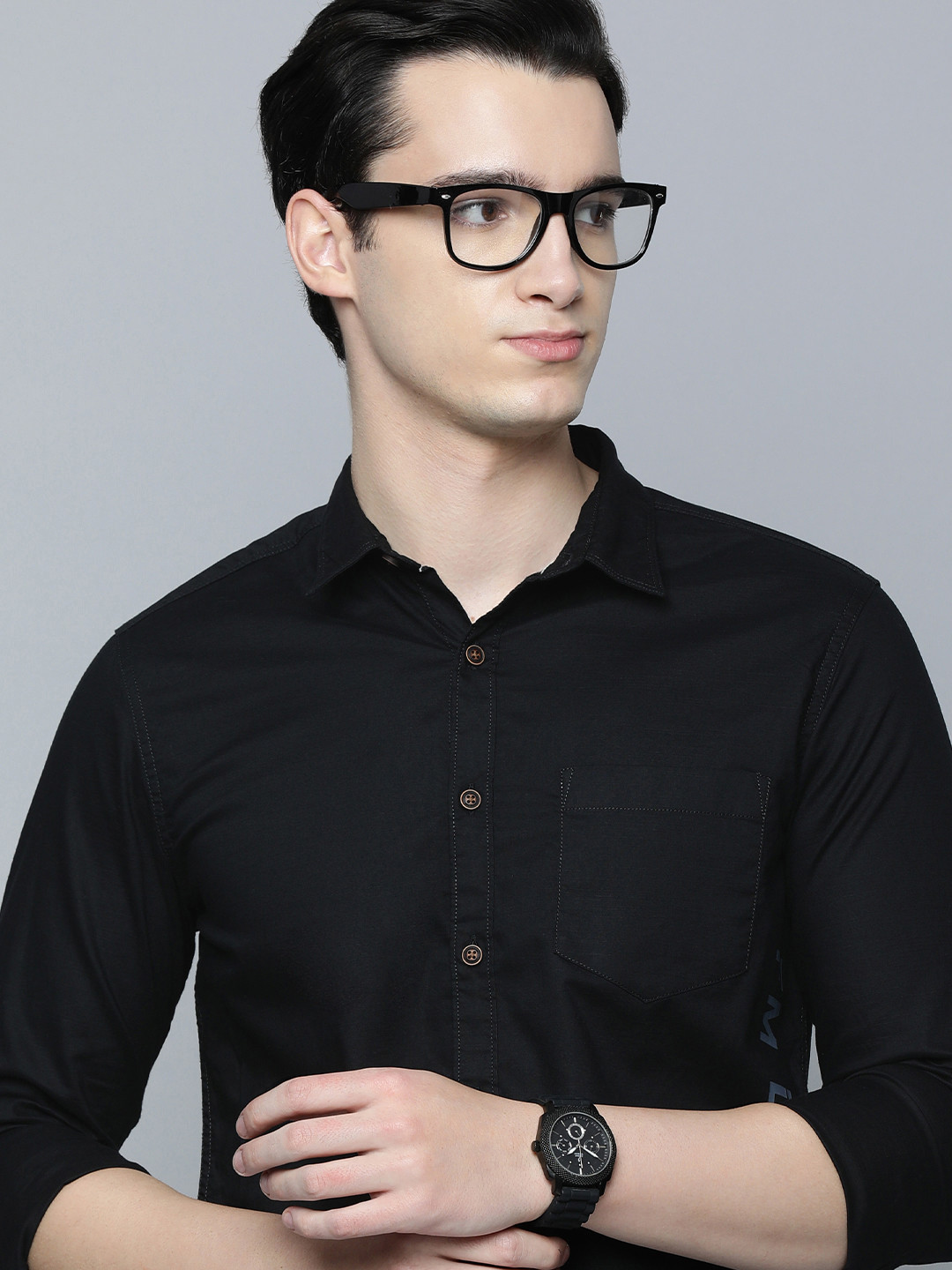 

Flying Machine Men Slim Fit Brand Logo Opaque Placement Print Pure Cotton Shirt, Black