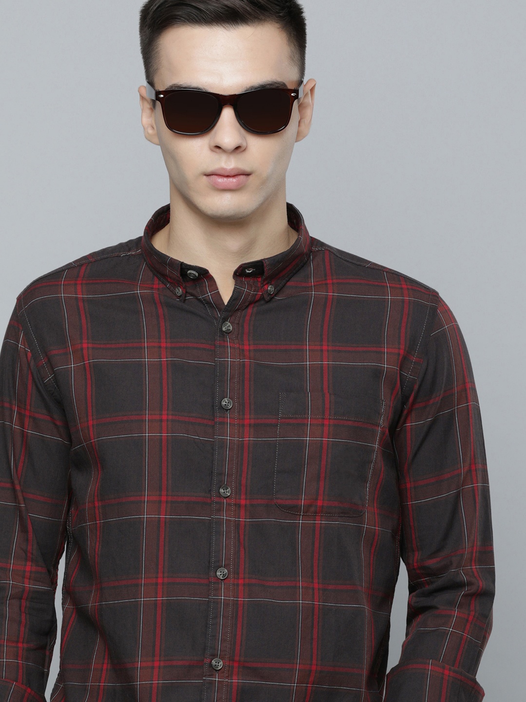 

Flying Machine Men Grid Tattersall Checked Slim Fit Casual Shirt, Brown