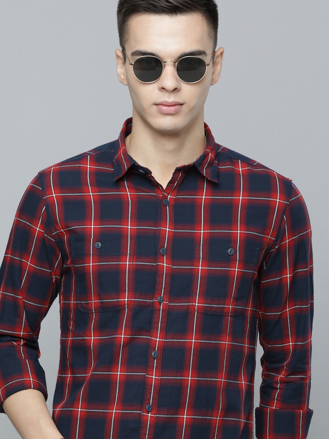 

Flying Machine Men Slim Fit Checked Pure Cotton Casual Shirt, Navy blue