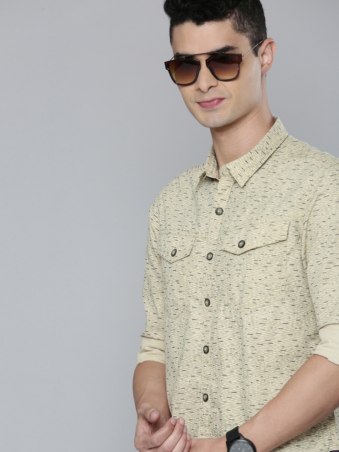 

Flying Machine Men Beige Slim Fit Printed Pure Cotton Casual Shirt