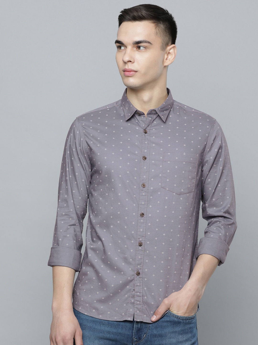 

Flying Machine Men Slim Fit Micro Ditsy Printed Pure Cotton Casual Shirt, Grey