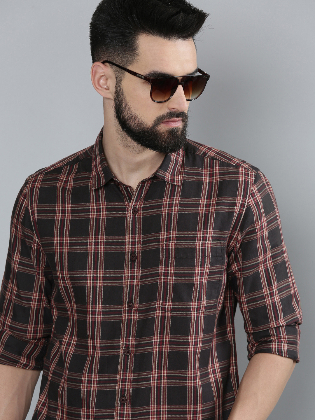

Flying Machine Men Brown & Red Slim Fit Tartan Checked Casual Shirt