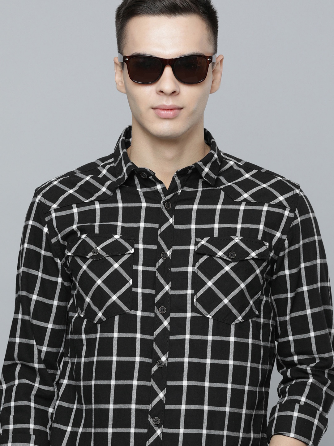 

Flying Machine Men Slim Fit Grid Tattersall Checked Pure Cotton Casual Shirt, Black