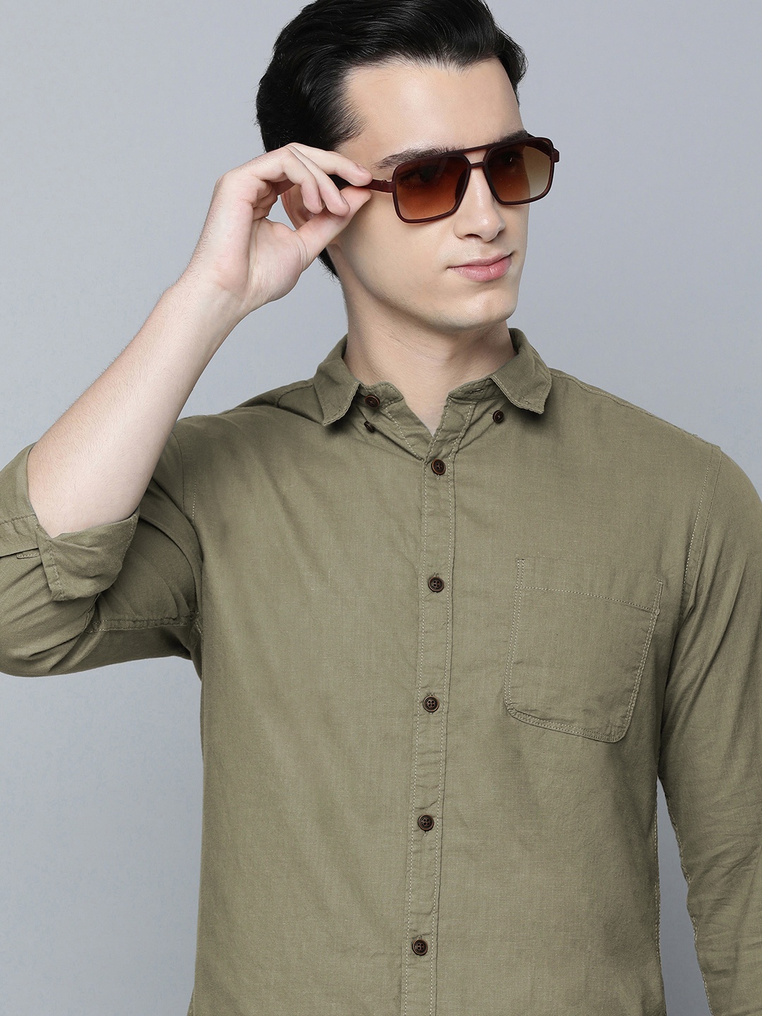 

Flying Machine Button Down Collar Slub Solid Casual Shirt, Olive