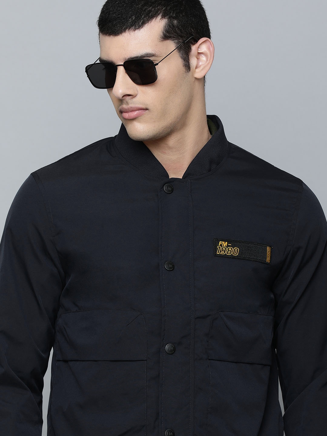 

Flying Machine Men Navy Blue Solid Bomber Jacket