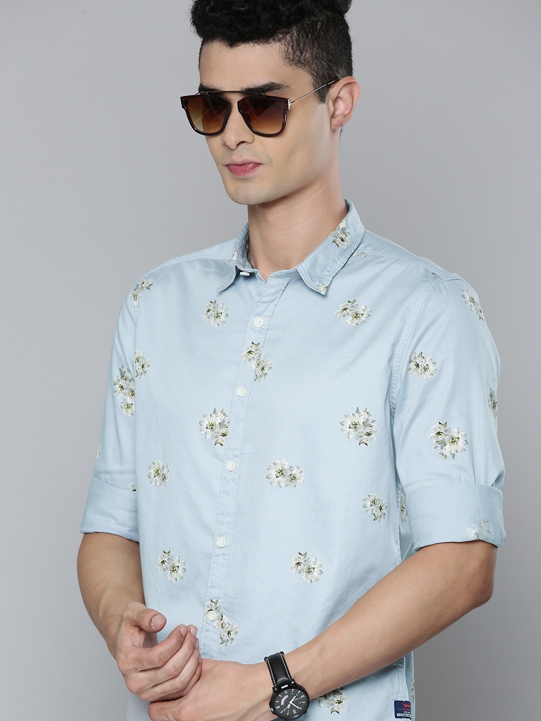 

Flying Machine Spread Collar Floral Print Satin Casual Shirt, Grey