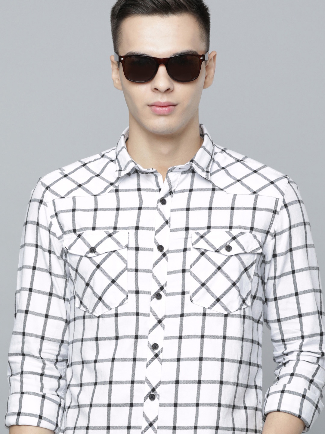 

Flying Machine Men Slim Fit Checked Pure Cotton Casual Shirt, White