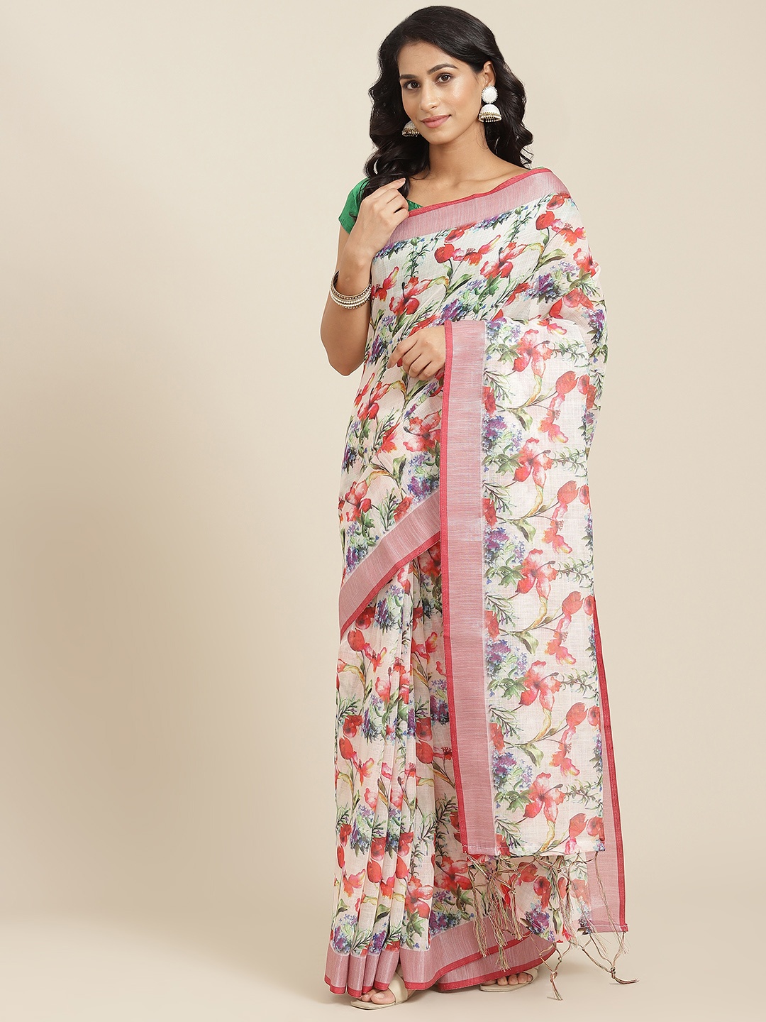 

mokshi Peach-Coloured & Green Floral Pure Linen Saree