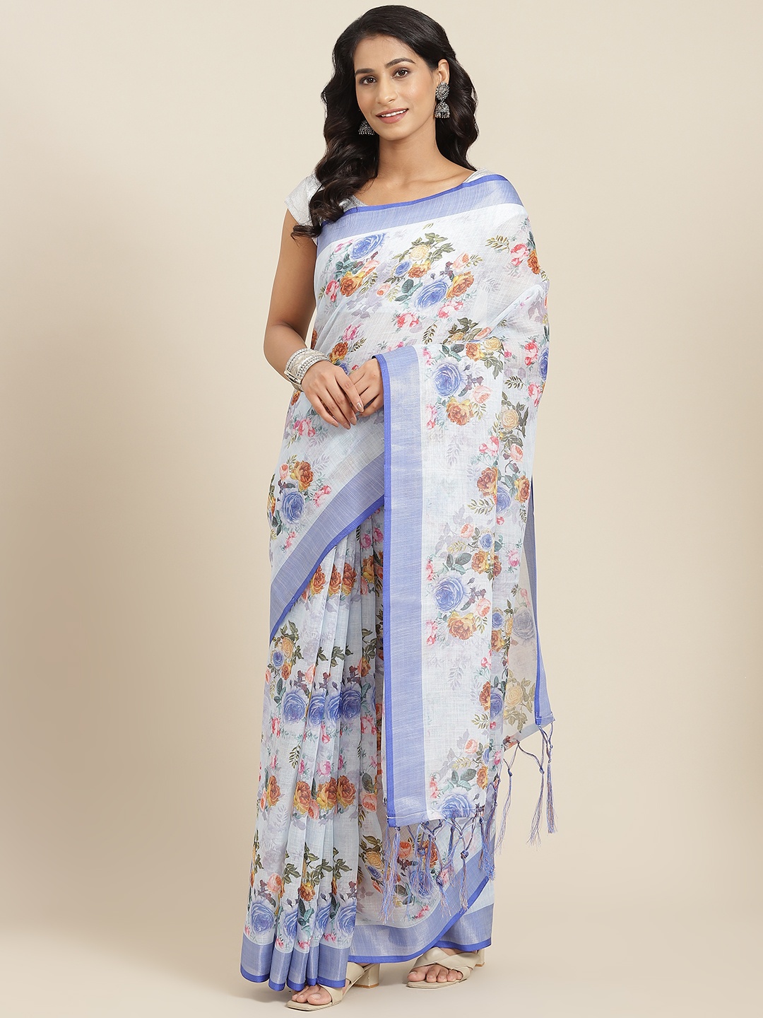 

mokshi Blue & Peach-Coloured Floral Pure Linen Saree