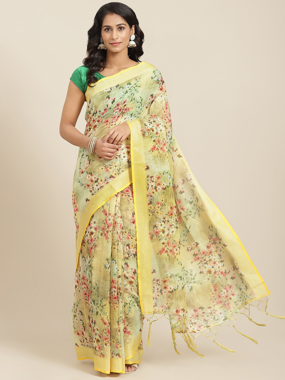 

mokshi Yellow & Pink Floral Pure Linen Saree