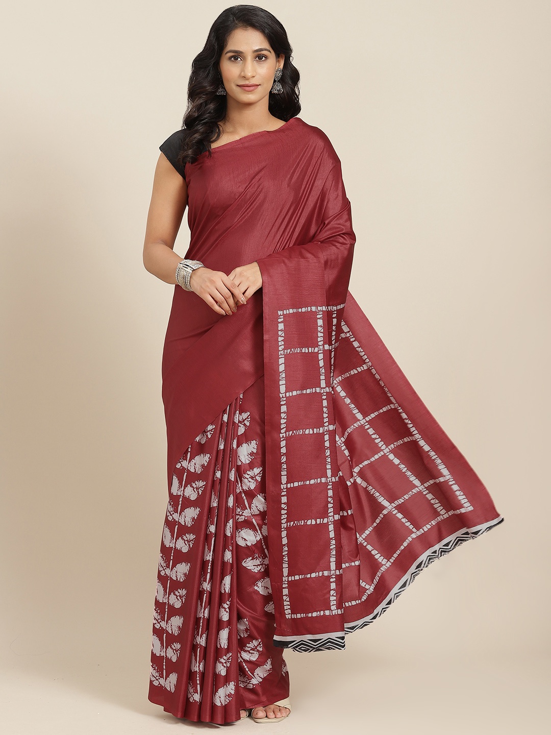 

mokshi Maroon & Grey Batik Pure Silk Saree