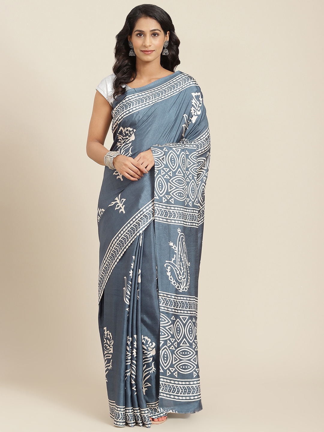 

mokshi Blue & Off White Ethnic Motifs Pure Silk Saree