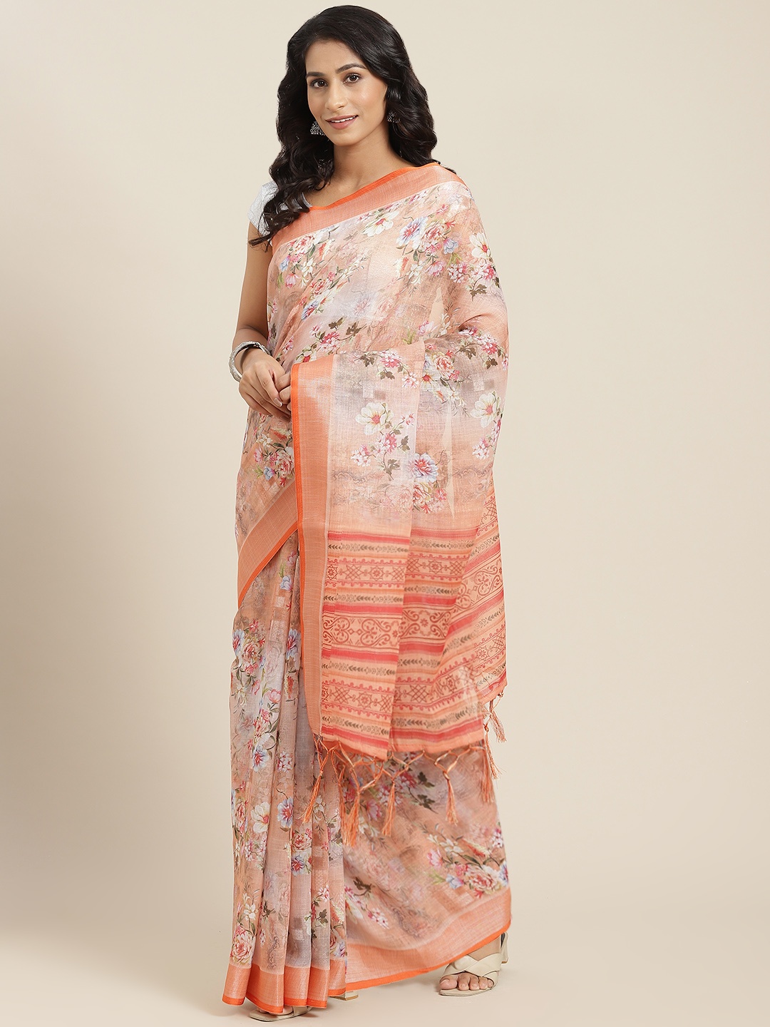 

mokshi Orange Floral Pure Linen Saree