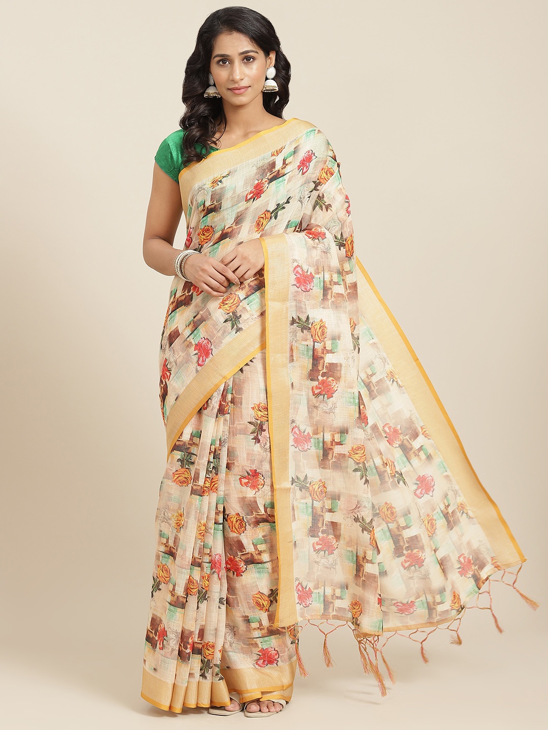 

mokshi Beige & Red Floral Pure Linen Saree