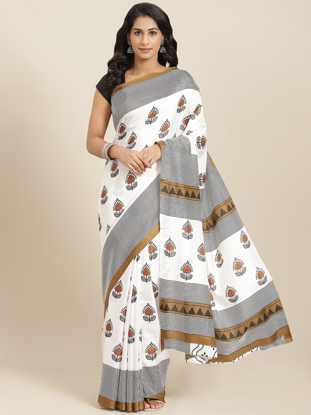 

mokshi White & Black Ethnic Motifs Pure Silk Saree