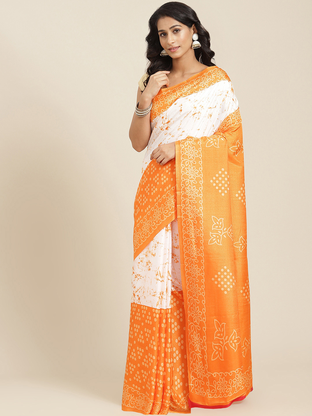 

mokshi White & Orange Batik Pure Silk Saree