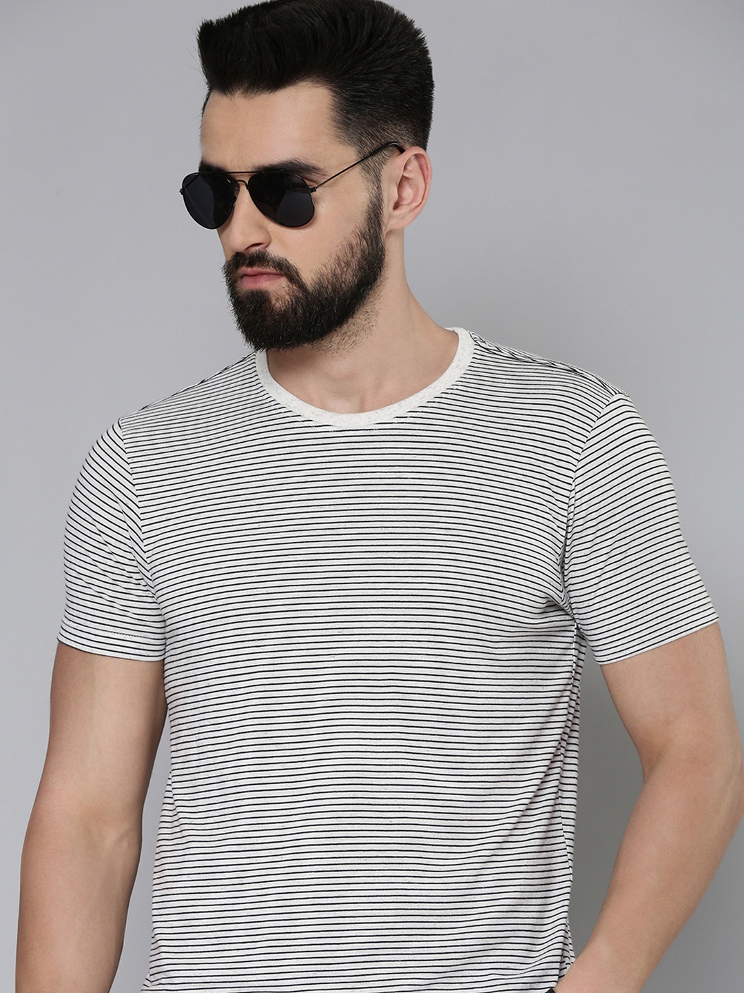 

Flying Machine Men Black Little Krishna Striped Slim Fit Pure Cotton T-shirt