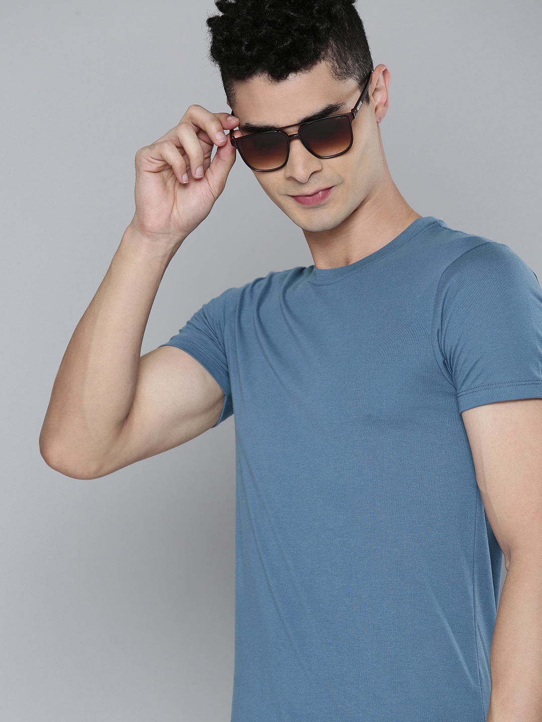 Flying Machine Men Blue Solid Round Neck Indigo Knitted Slim Fit T-shirt